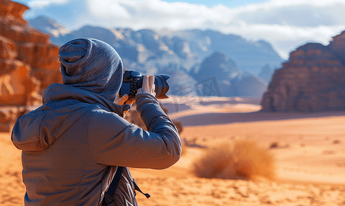 迪姆摄影照片_游客在瓦迪拉姆沙漠拍摄梭梭树