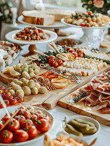 精美的风车摄影照片_装饰精美的餐饮宴会桌配有不同的食品小吃开胃菜