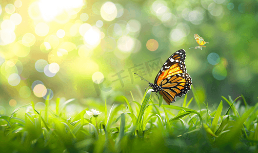 蝴蝶风筝插画摄影照片_草地上飞舞的蝴蝶