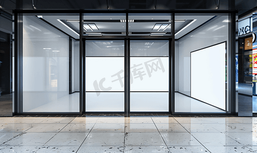 新年简约元素摄影照片_真正的现代黑色店前双玻璃门窗框孤立在白色背景上