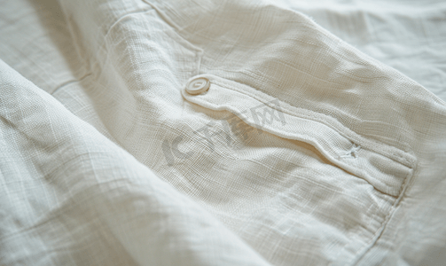 棉质纹理摄影照片_白色棉质衬衫上的特写口袋