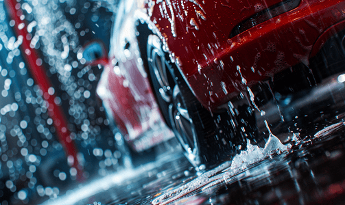 洗车场汽车的特写视图上面覆盖着肥皂水