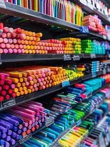 ps笔刷记号笔摄影照片_文具店货架上的彩色笔铅笔标记