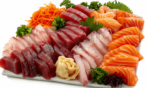 生鱼片套餐包括三文鱼、金枪鱼、鲭鱼和北寄贝