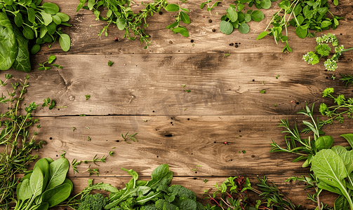 木制背景上的框架新鲜绿色蔬菜和香草复制空间