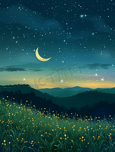 手绘星星星球摄影照片_草地上美丽的夜晚有新月和星星