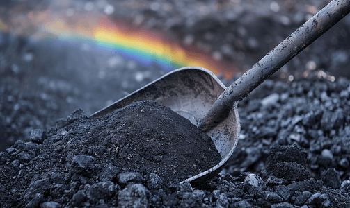 铲子上的黑煤对着天空和彩虹能源危机