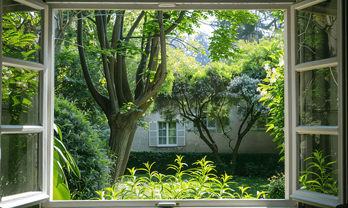 从打开的窗户可以看到绿色后院的景色