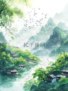 中国风式红章背景图片_青山碧水中国水墨画设计