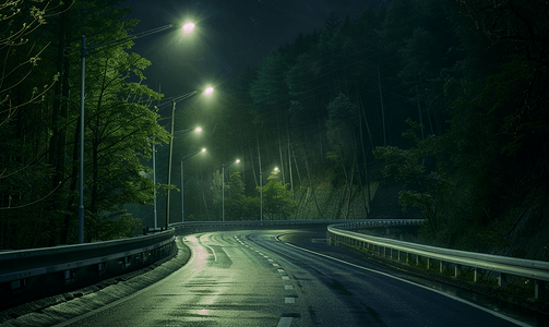 树剪影剪影摄影照片_森林中空旷高速公路的夜景