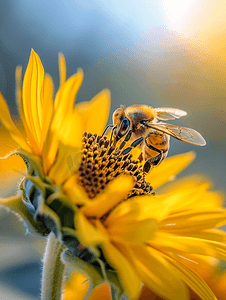 一只小蜜蜂在田野里为黄色向日葵授粉