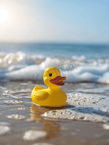 清晨沙滩上的黄色橡皮鸭