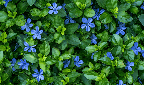 蓝紫色海报摄影照片_小长春花常见长春花香桃木地被植物开蓝色花