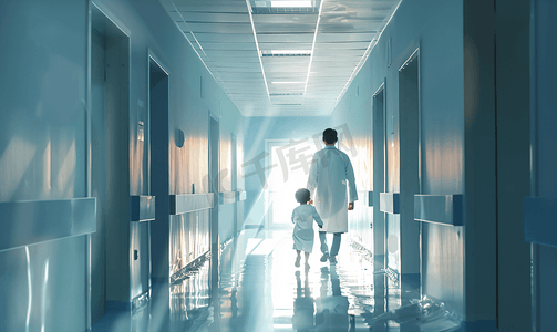 医生推着孩子穿过走廊