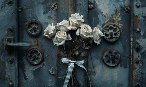 简约叶子框摄影照片_用金属齿轮制成的门上绑着白丝带的干玫瑰花束