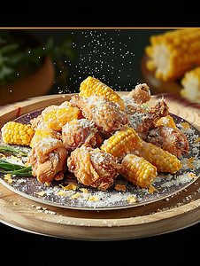 炸鸡和玉米棒美食高清图片