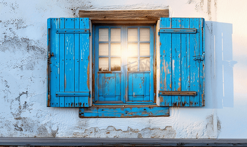 日落时房子里的木窗和百叶窗漆成蓝色