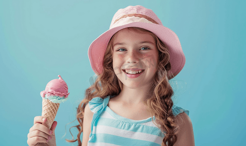 乐趣设计摄影照片_浅蓝色背景中拿着爱斯基摩冰淇淋的青少年