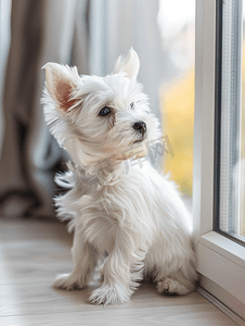 可爱害怕摄影照片_可爱的小白小狗坐在窗户旁边