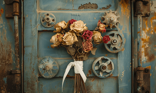 用金属齿轮制成的门上绑着白丝带的干玫瑰花束
