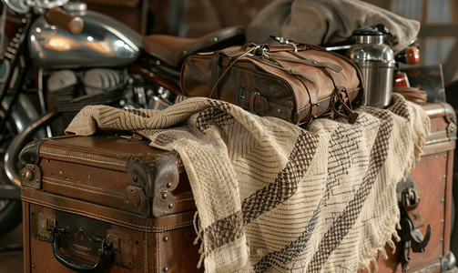 摩托车上放着带毯子和水壶的古董手提箱