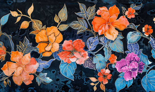 艺术家在丝绸上绘制带有花卉图案的蜡染
