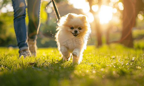 可爱的小狗波美拉尼亚斯皮茨狗正在公园的草地上和主人玩耍
