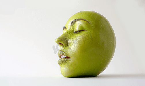 乐趣设计摄影照片_苹果绿色的脸被孤立在白色背景上