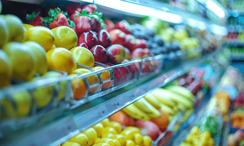 产品模糊摄影照片_超市水果架模糊离焦背景