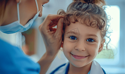 女护士为儿童检查耳朵