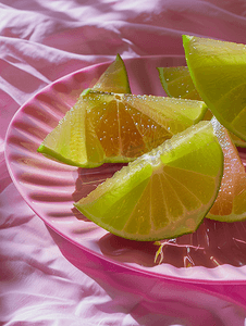 杨桃水果摄影照片_粉色塑料盘子上的绿色杨桃片