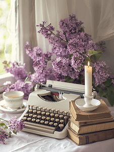 有紫色花朵的老式打字机、一支蜡烛、一摞书和茶杯