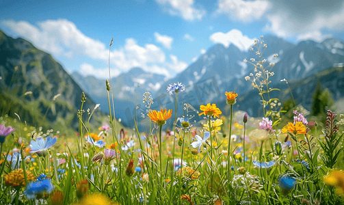 树叶花瓣摄影照片_奥地利高山草甸色彩缤纷的野花