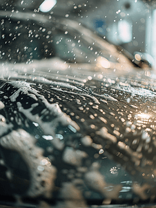 汽车大气摄影照片_一辆被肥皂泡沫覆盖的汽车同时在室内近距离清洗有选择地聚焦