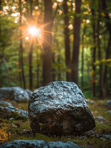 照片中夕阳下的石头穿过树林