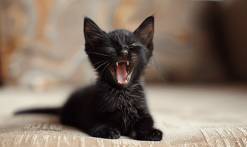 累了摄影照片_打哈欠的猫非常有趣的黑猫笑小猫张大嘴巴打哈欠