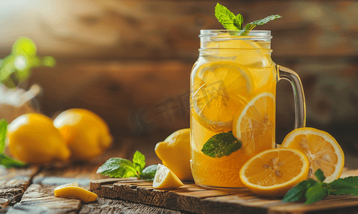 小柑橘logo摄影照片_清爽的柑橘柠檬水夏季饮料木质背景上加新鲜柠檬的柠檬水