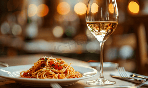 餐厅关闭时餐桌上的意大利面食和葡萄酒
