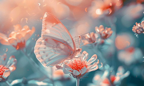 梦幻蓝鲸摄影照片_花卉自然复古粉彩背景上的梦幻蝴蝶