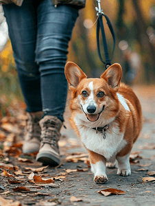 黑色红背景摄影照片_一只红毛柯基犬在散步