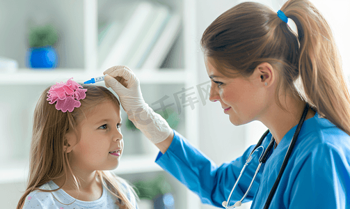 女护士为小女孩测量体温