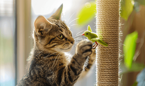 绿色小猫摄影照片_可爱有趣的鲭鱼虎斑猫在架子上玩绿色玩具鸟