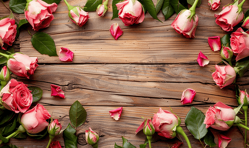 花卉圆形摄影照片_木板上玫瑰花蕾的圆形框架