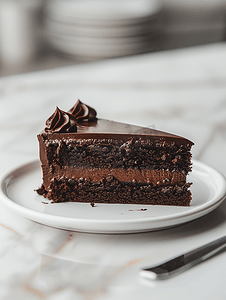 白盘上单层巧克力蛋糕的特写镜头
