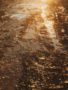 傍晚阳光下湿泥泞土路的全帧视图