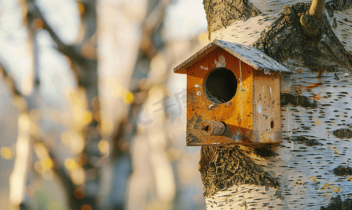 鸟筑巢摄影照片_早春桦树上树干鸟巢箱上的老鸟舍