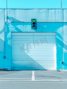 滑动摄影照片_蓝色车库上的白色自动向上滑动门带绿灯红绿灯