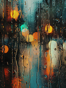 雨夜玻璃窗外的城市灯光高清摄影图