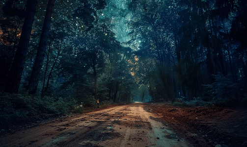 恐惧或不安摄影照片_夏季森林土路和星空中的怪异黑夜