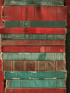 绿色书籍背景摄影照片_垂直堆栈中的抽象书籍背景旧红色和柔和的绿色书籍